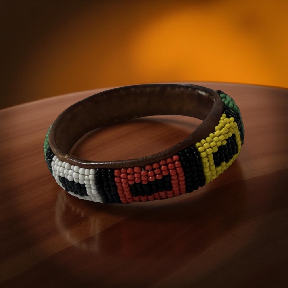 Beaded Leather Bracelet with Red, Black, White, green and yellow Design
